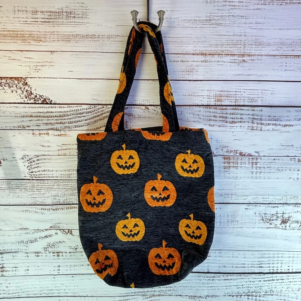 Tote Bag Black Orange Chenille Pumpkin Halloween Kitsch Spooky Jack O Lantern